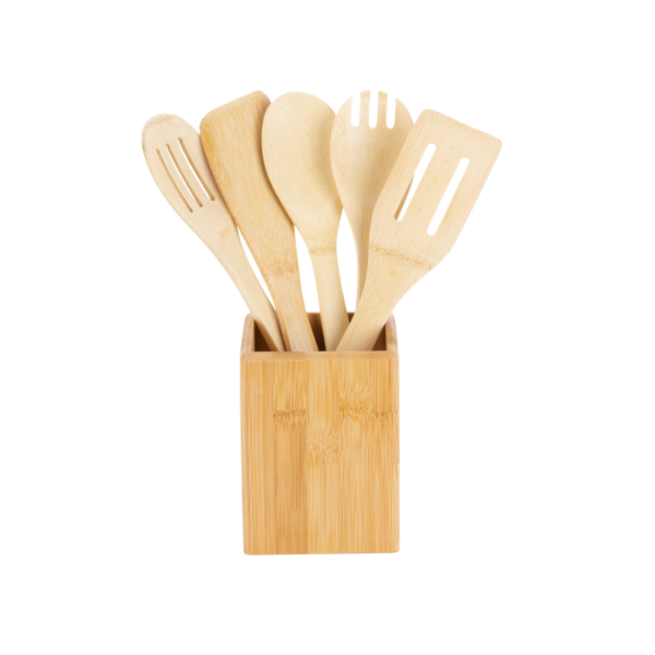 Porta Utensílios de Bambu com 5 Talheres